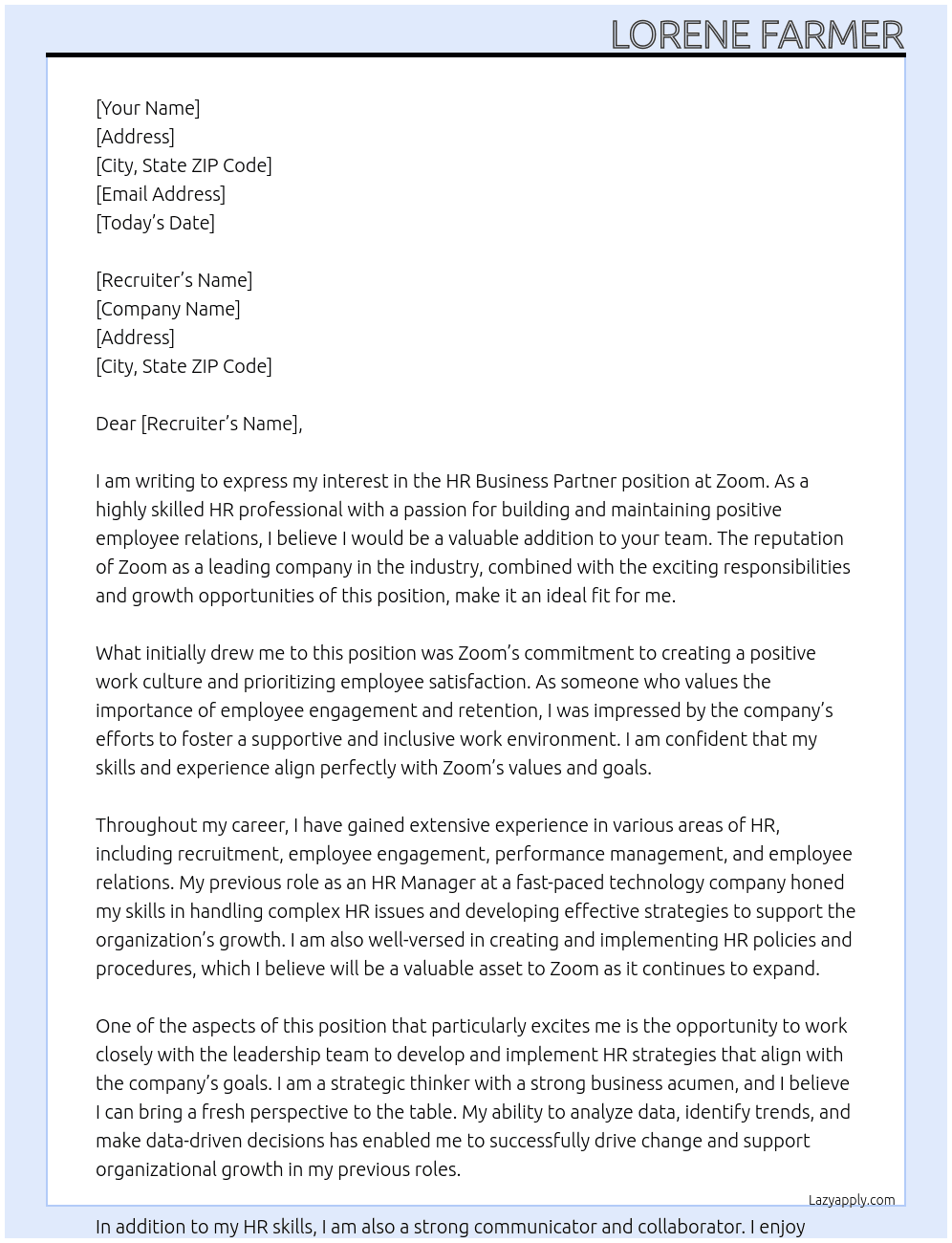HR Business Partner At Zoom Cover Letter