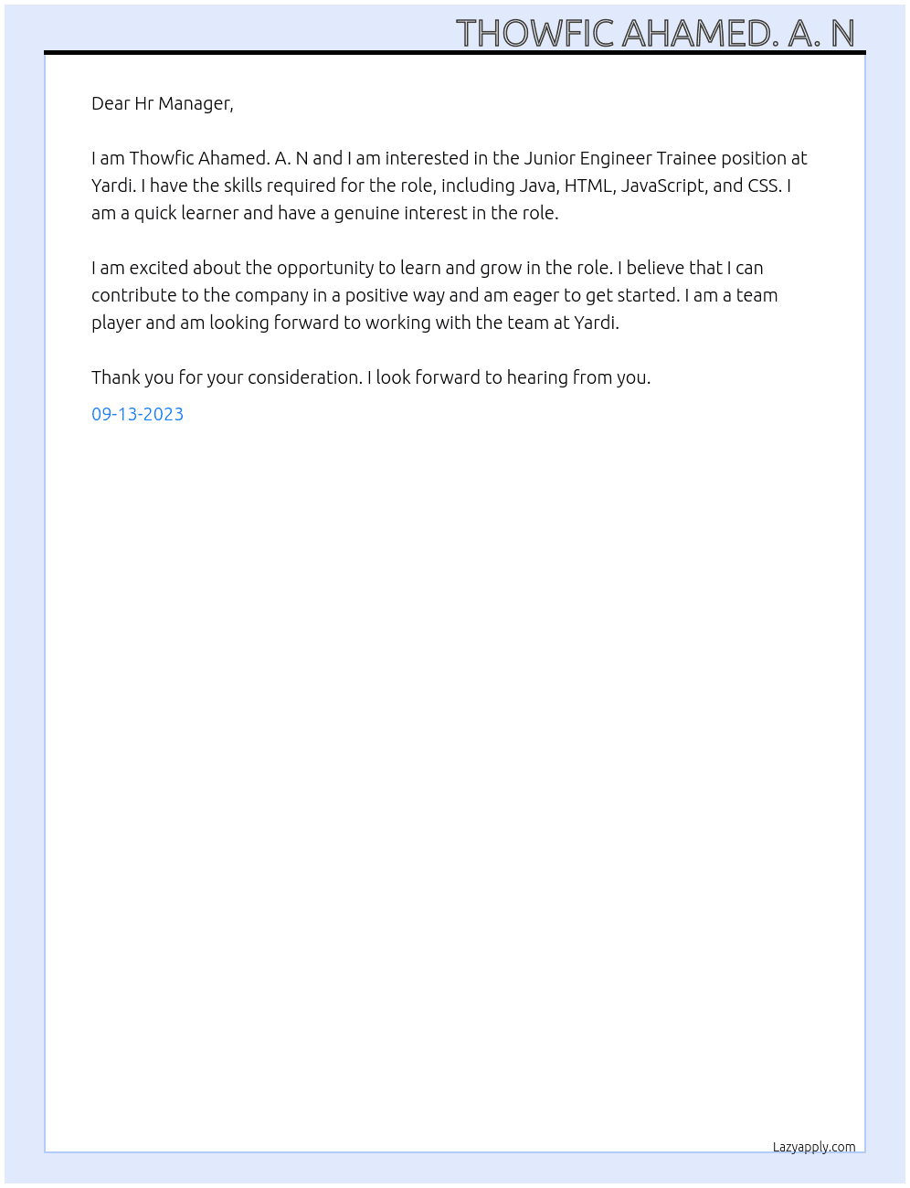 Junior Engineer Trainee At Yardi Cover Letter