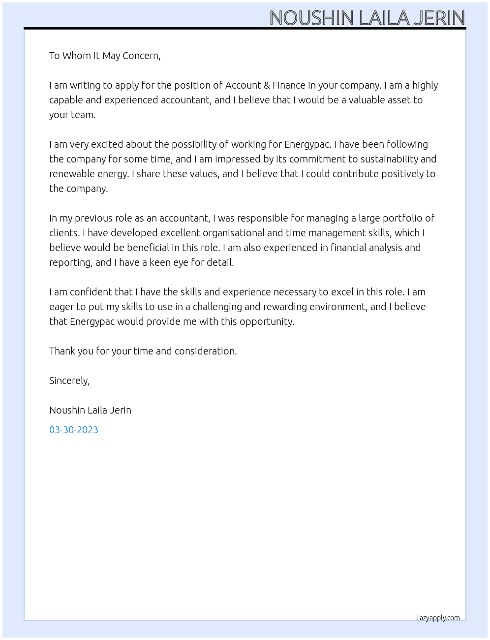 Account & Finance At Energypac Cover Letter