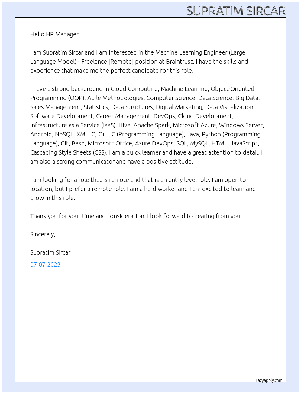 Machine Learning Engineer (Large Language Model) - Freelance [Remote] At Braintrust Cover Letter