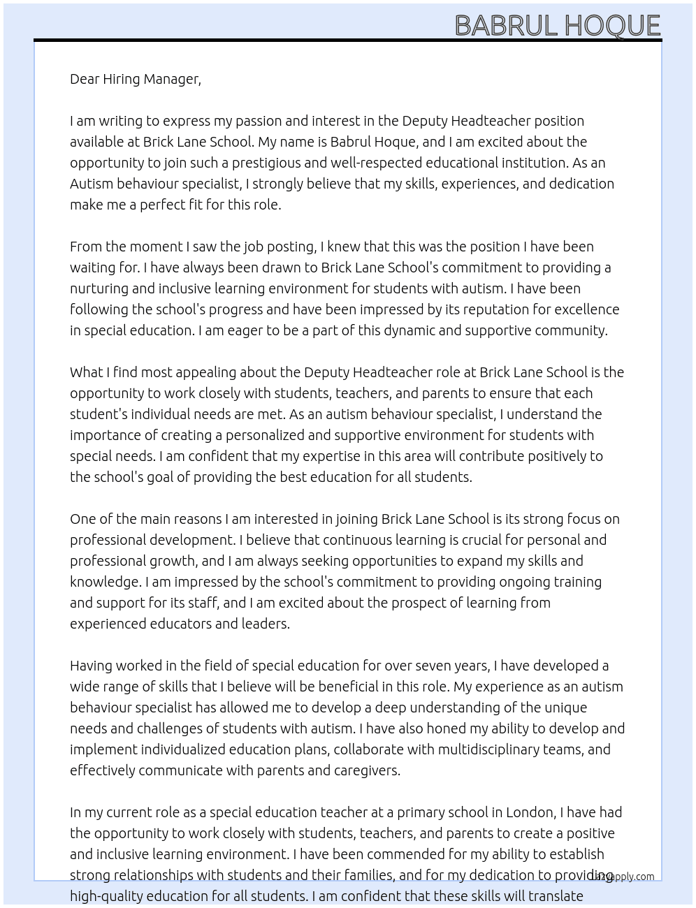 DEPUTY HEADTEACHER At Brick Lane School Cover Letter
