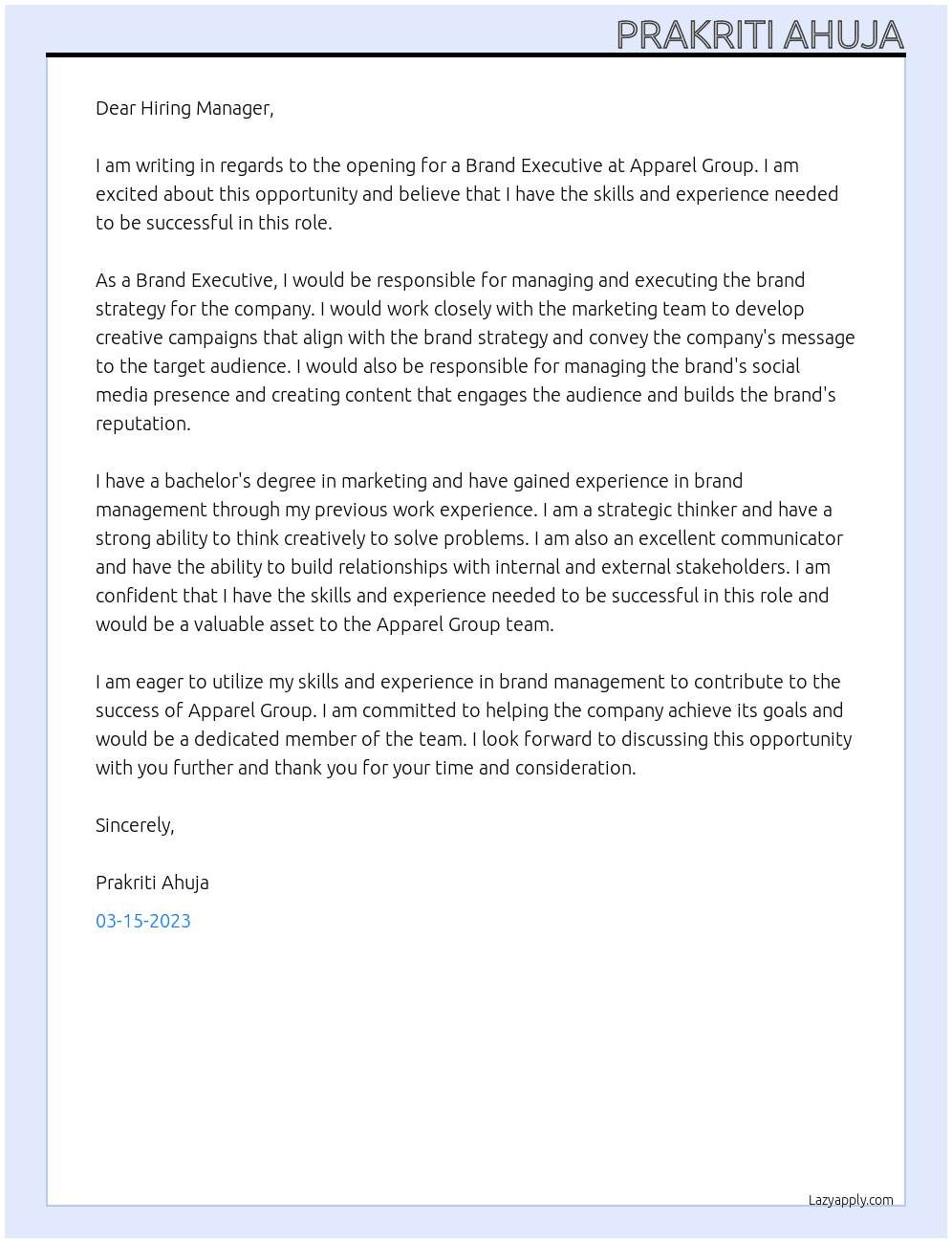 Brand Executive At Apparel group Cover Letter