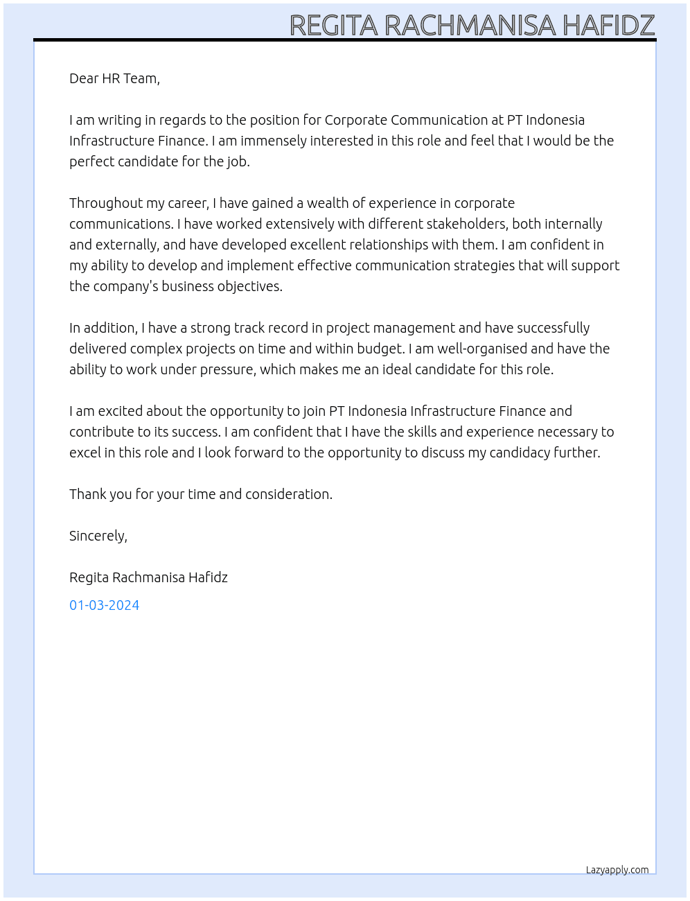 Corporate Communication At PT Indonesia Infrastructure Finance Cover Letter