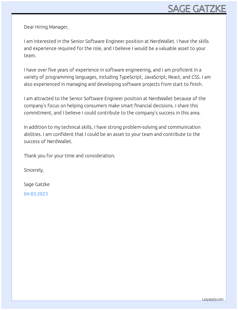 Senior Software Engineer At NerdWallet Cover Letter