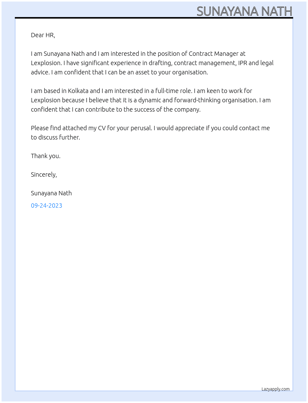 Contract Manager  At Lexplosion Cover Letter