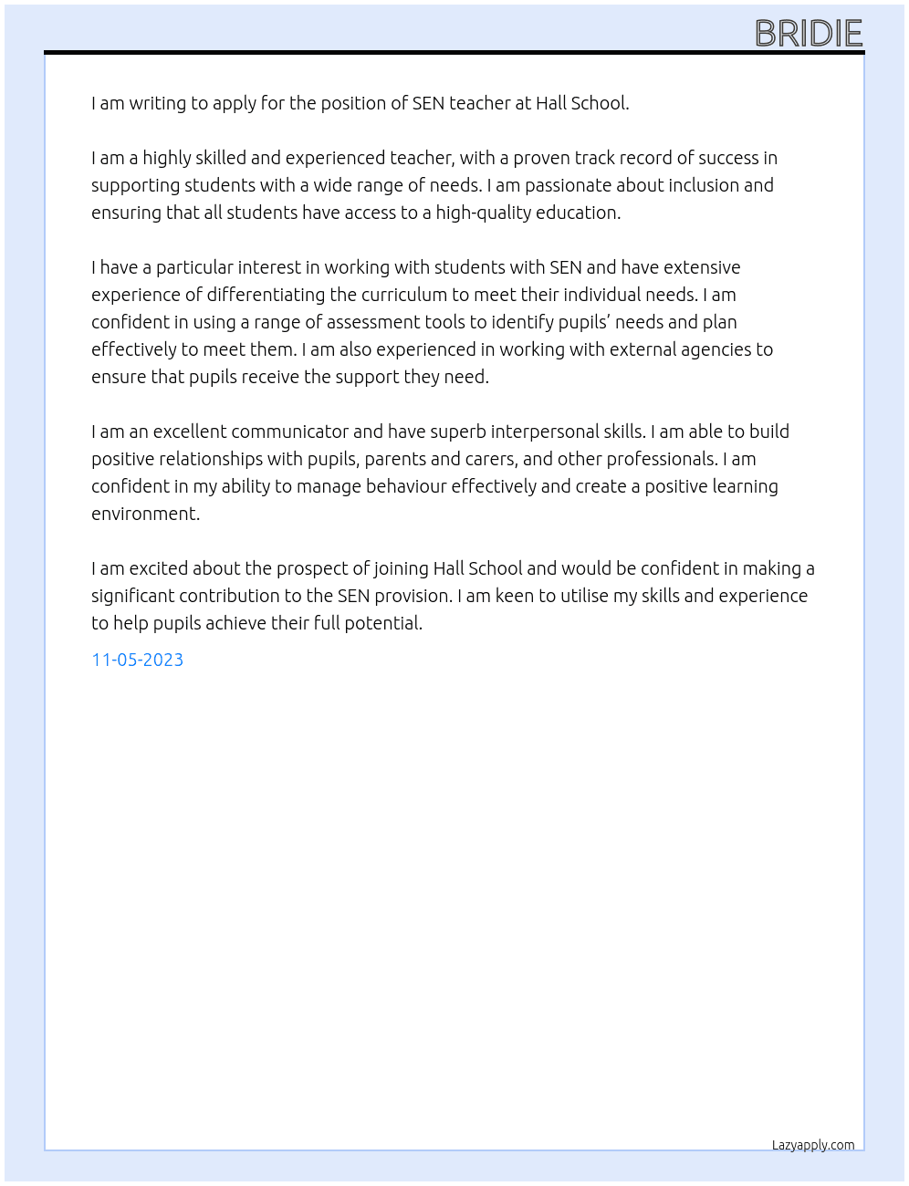 SEN teacher At Hall School Cover Letter