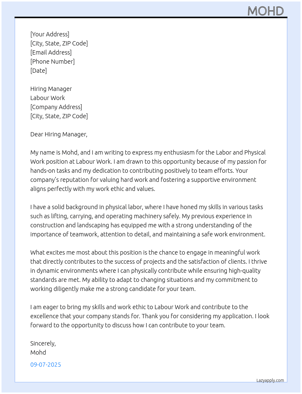 Labaur and physical work  At Labour work Cover Letter