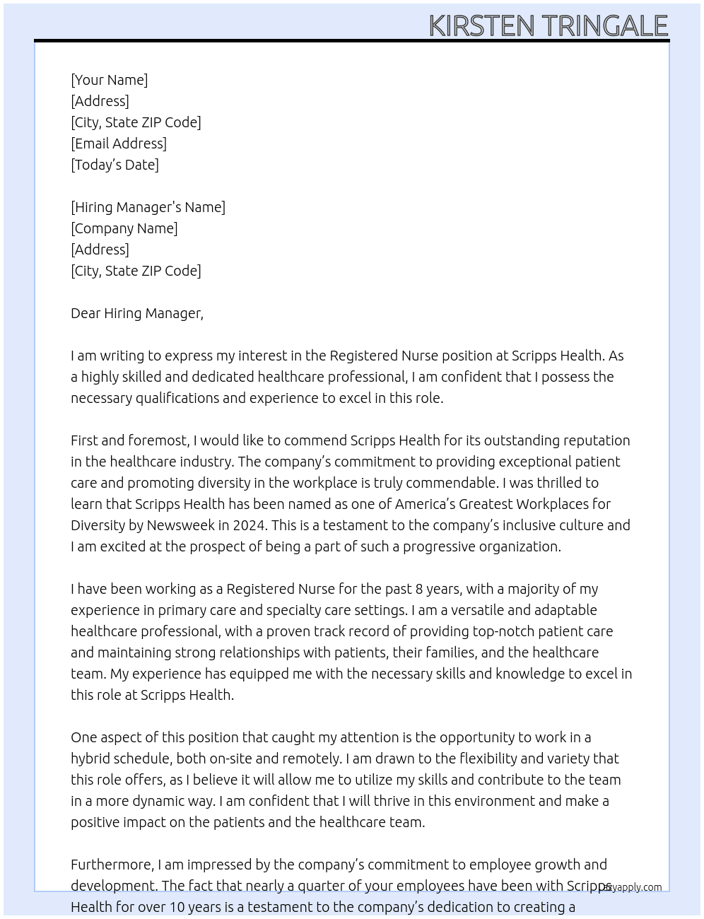 Registered nurse  At Scripps Cover Letter