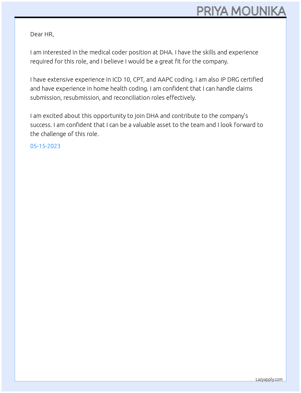 medical coder At DHA Cover Letter