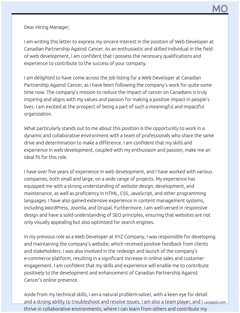 Web Developer At Canadian Partnership Against Cancer Cover Letter