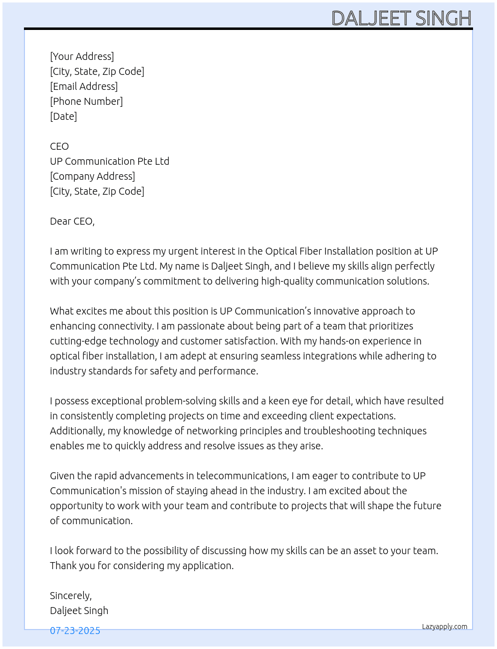 Cover letter for optical fiber installation - LazyApply