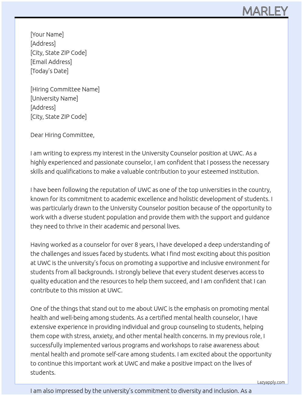 University Counselor At UWC Cover Letter
