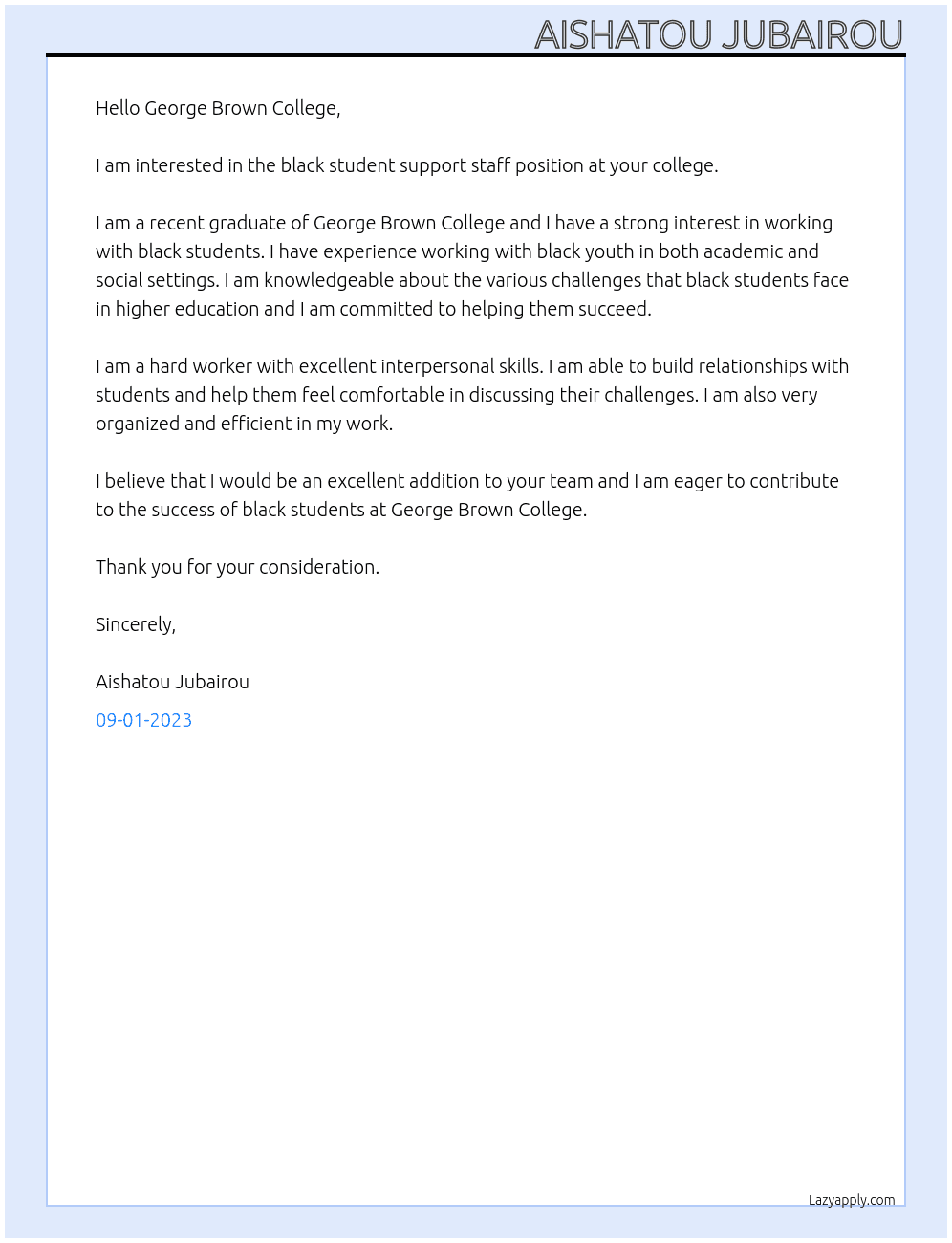 Black student support staff At George brown college  Cover Letter