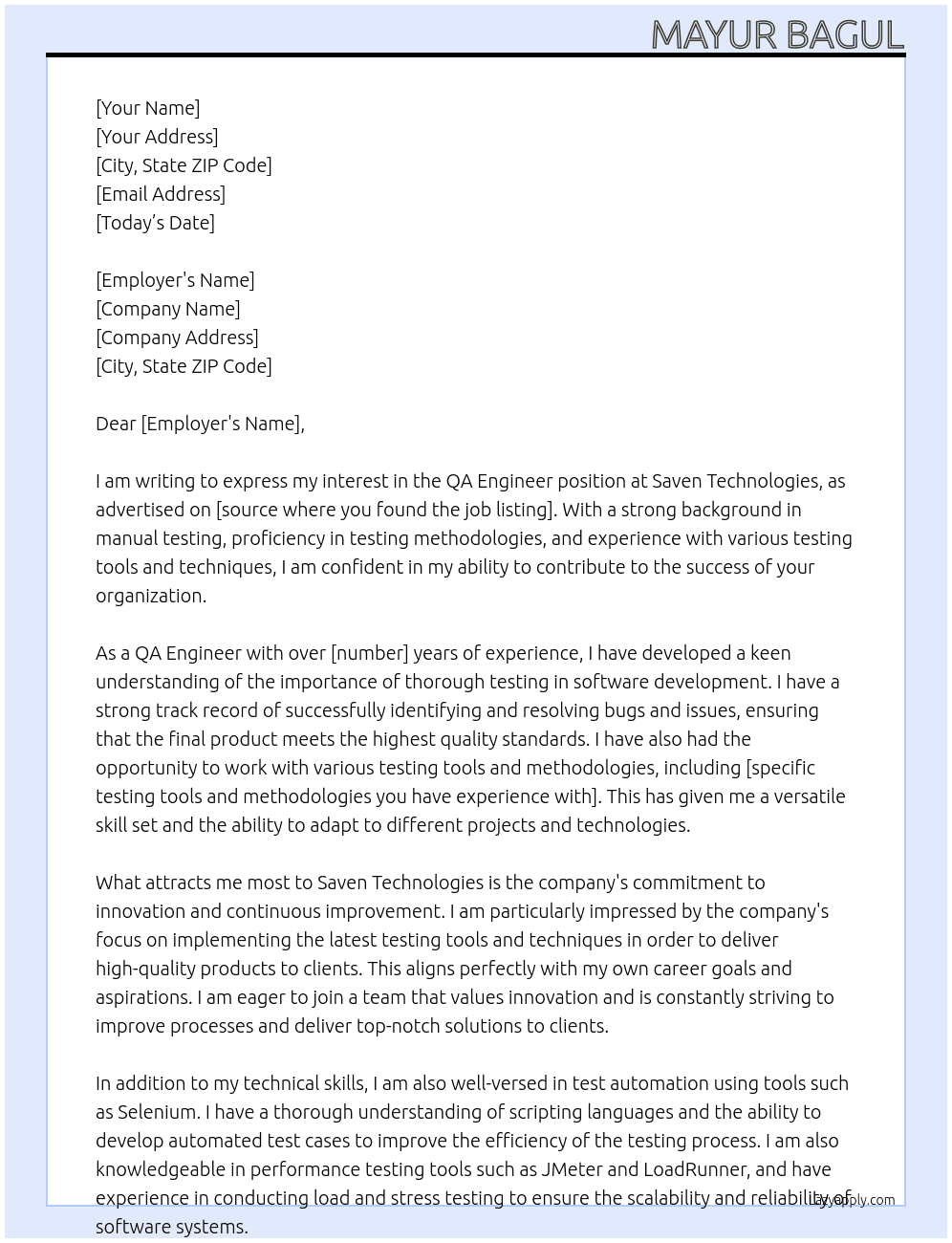 QA Engineer At Saven Technologies Cover Letter
