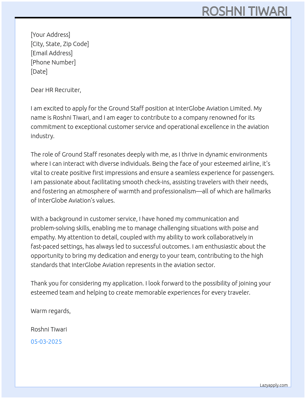 Ground staff  At InterGlobe Aviation Limited  Cover Letter