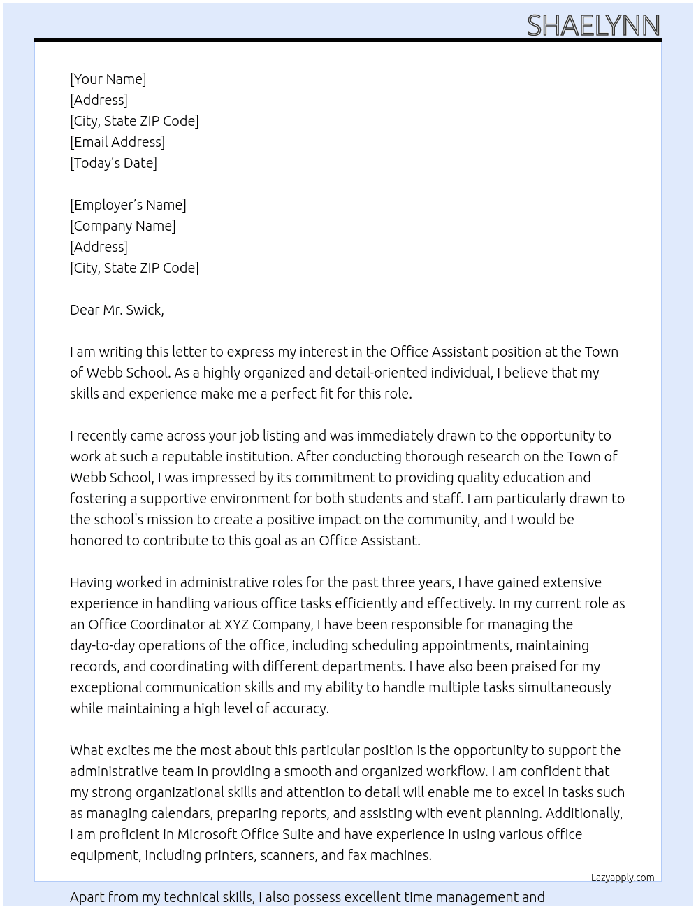 Office Assistant At Town of Webb School Cover Letter