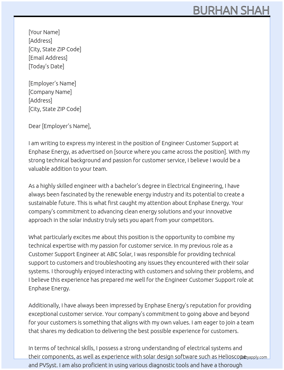 Engineer Customer Support At Enphase Energy Cover Letter