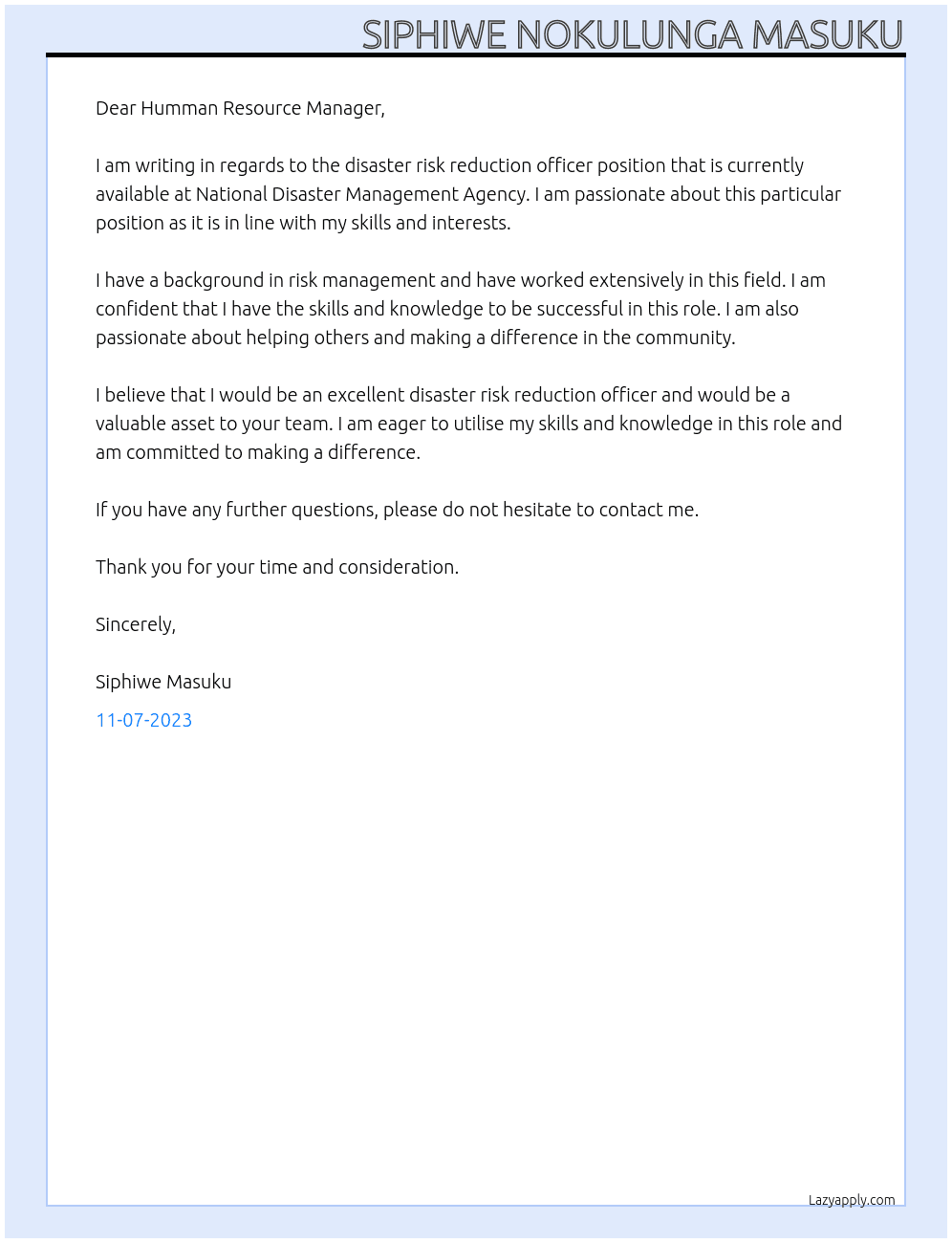 DISASTER RISK REDUCTION OFFICER At NATIONAL DISASTER MANAGEMENT  AGENCY Cover Letter