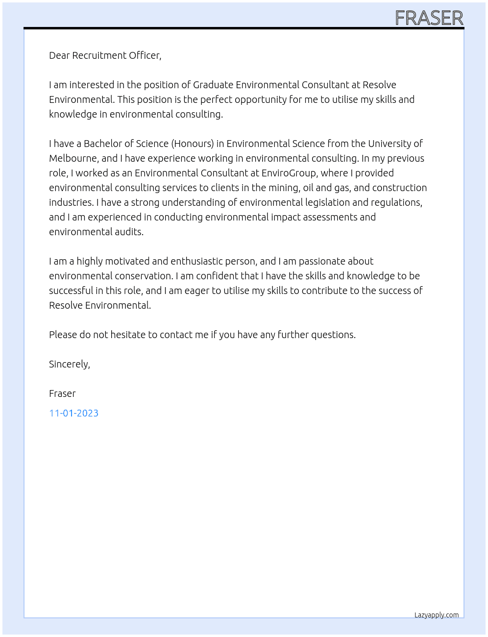 Graduate Environmental Consultant At Resolve Environmental Cover Letter