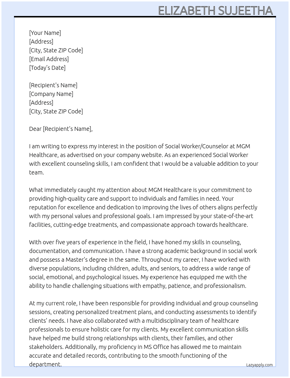 Social worker/ Counsellor  At MGM Healthcare Cover Letter