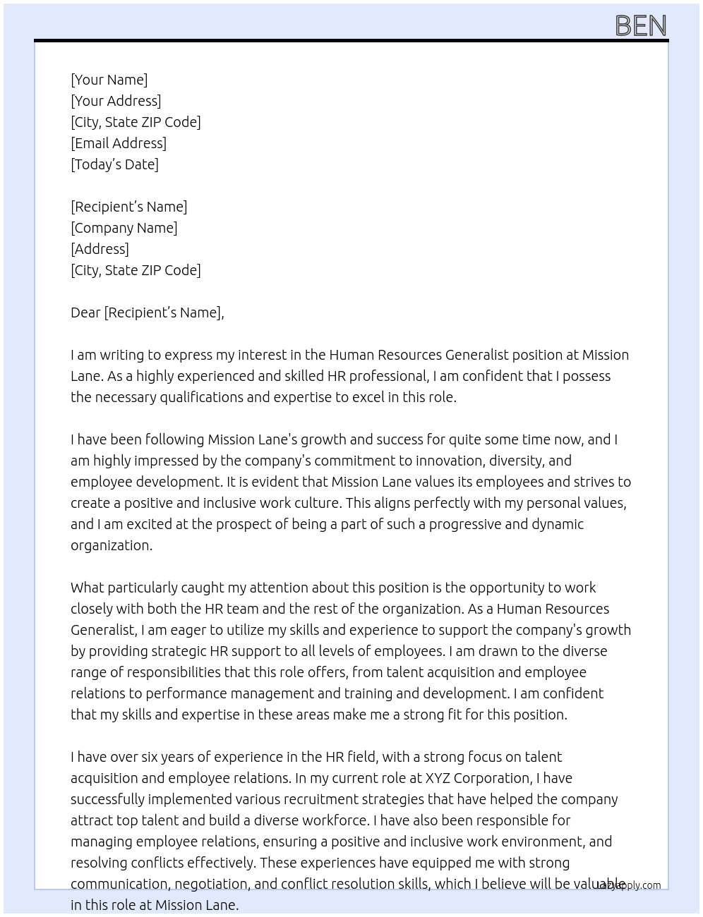 Human Resources Generalist At Mission Lane Cover Letter
