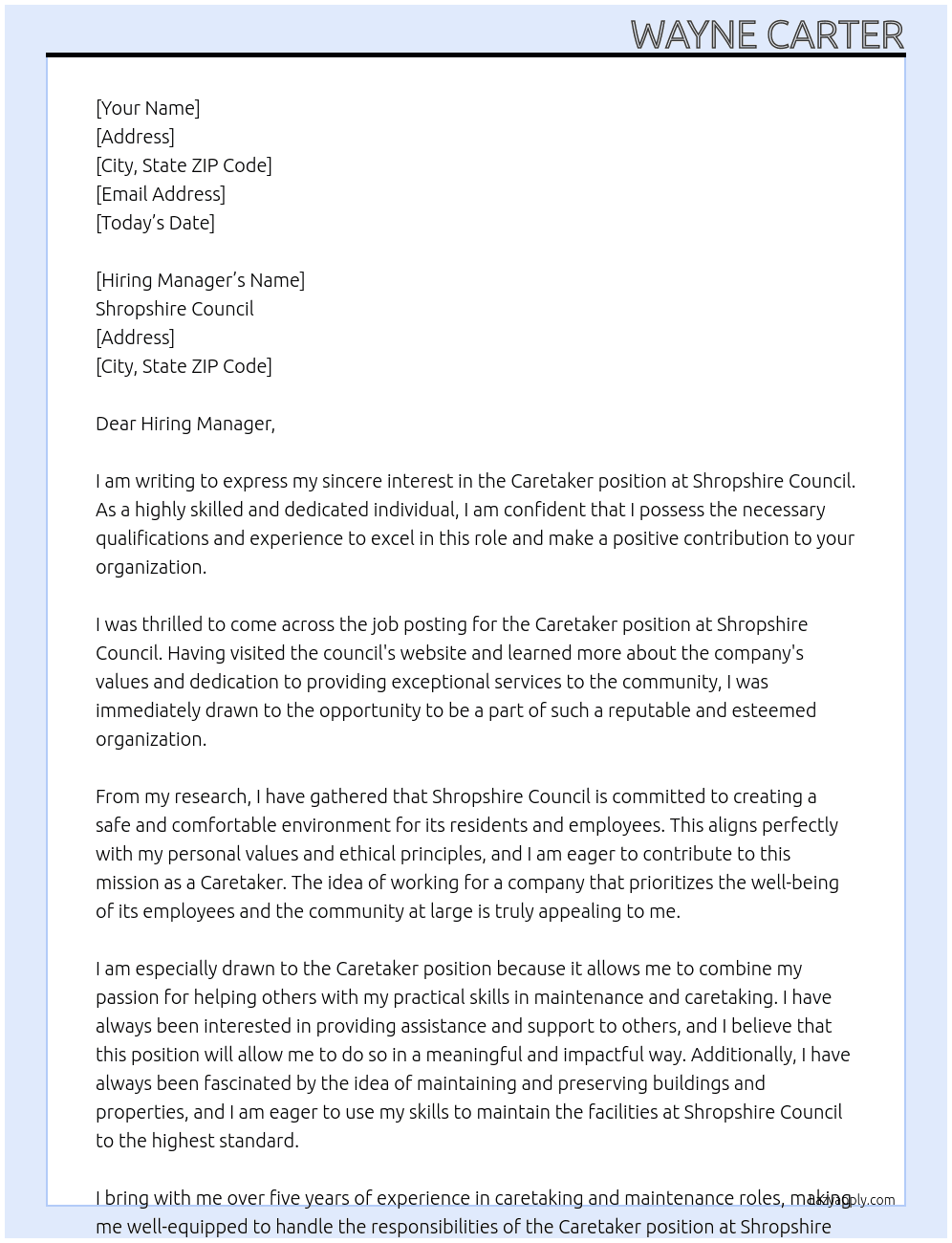 Caretaker At Shropshire Council Cover Letter