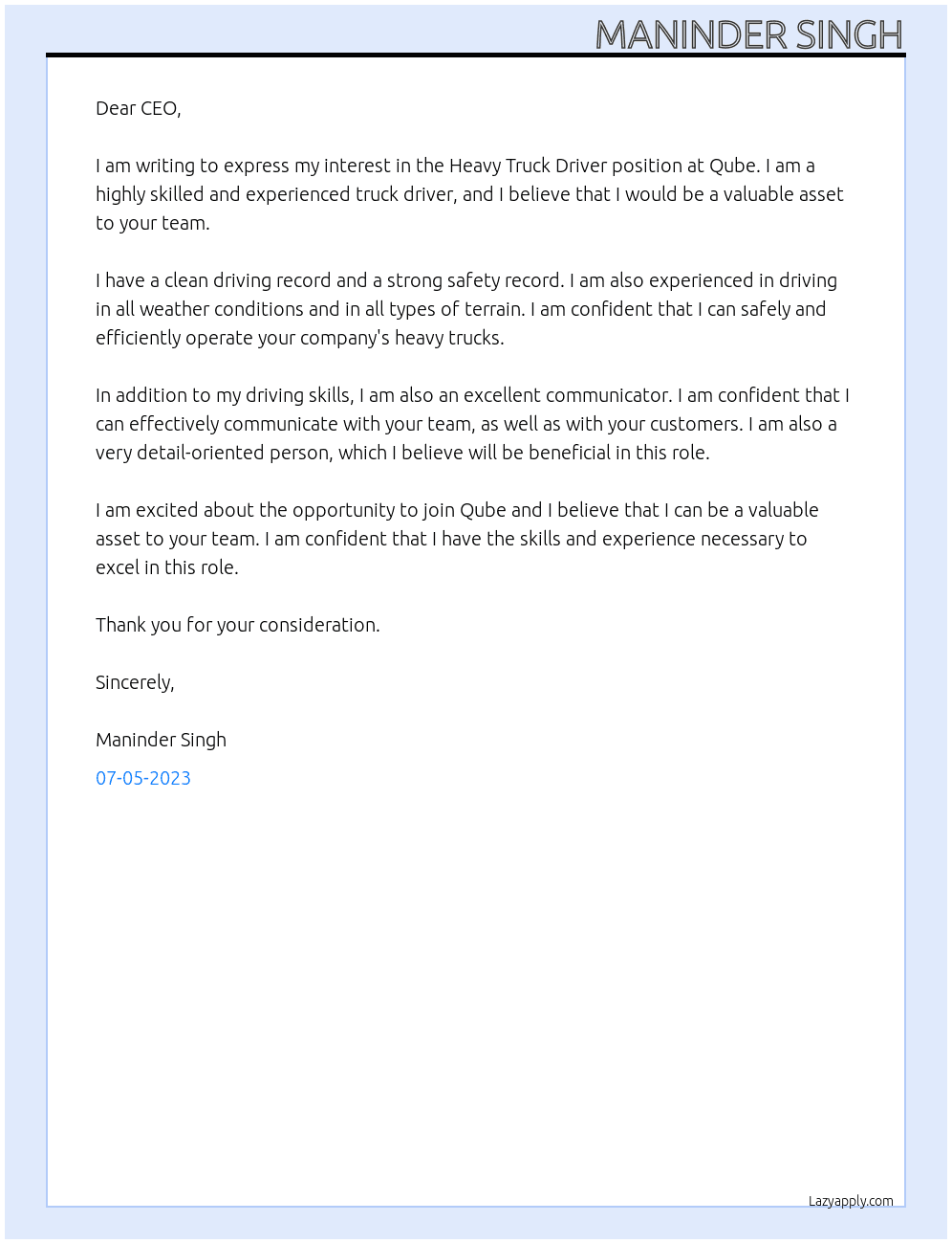 Heavy Truck Driver At Qube Cover Letter