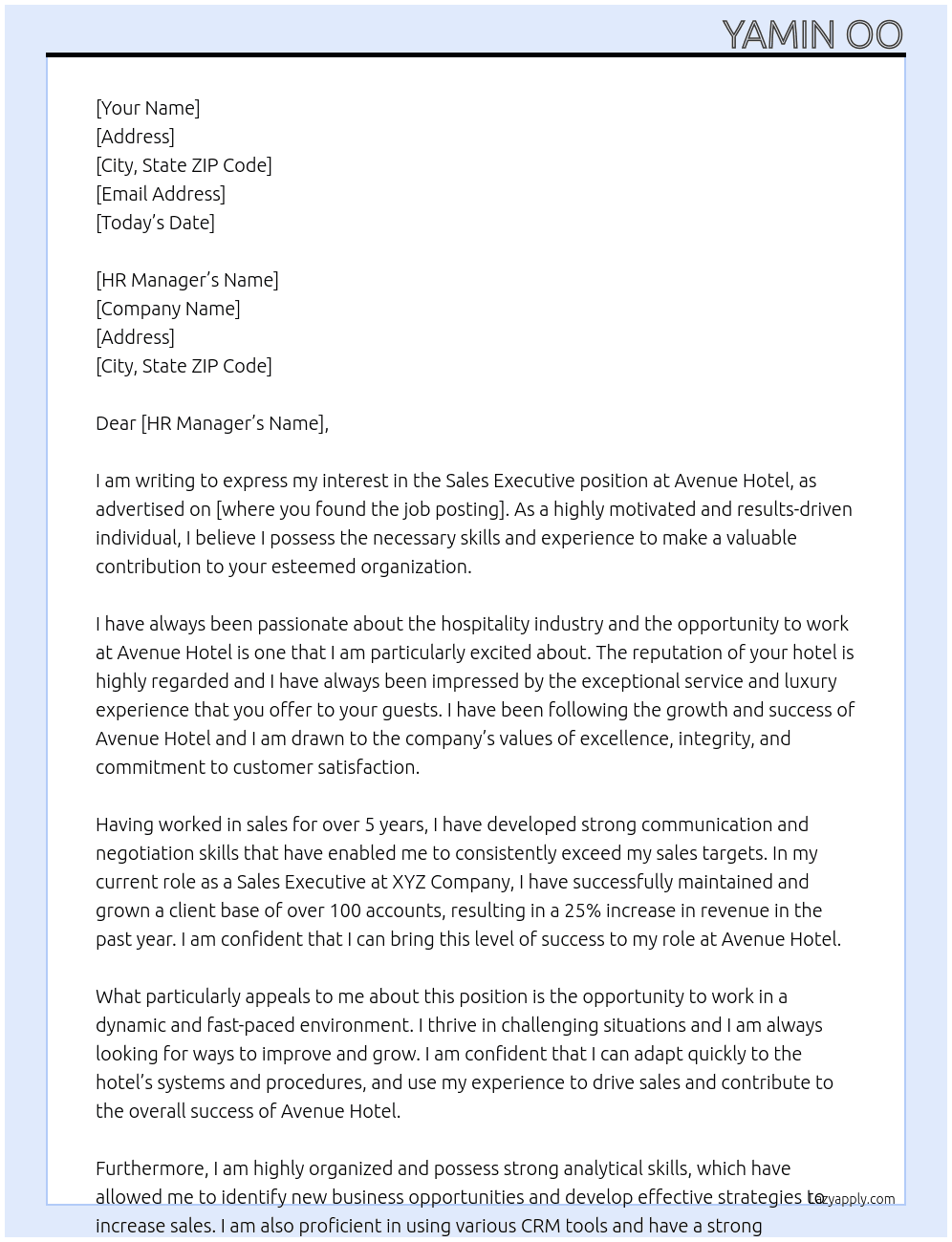 Sales Executive  At Avenue Hotel Cover Letter