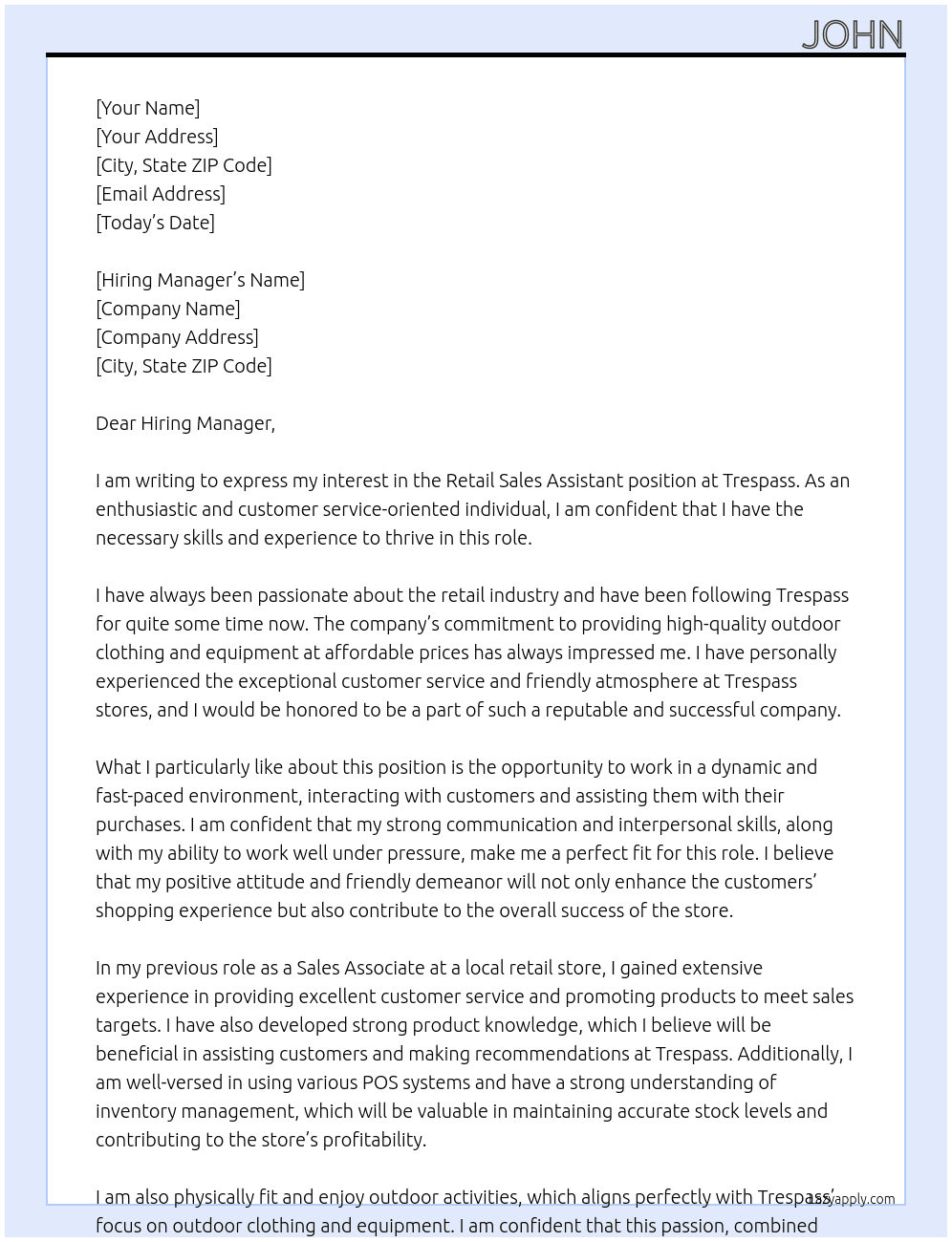 Retail Sales Assistant At Trespass  Cover Letter