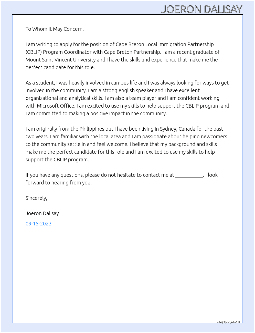Cape Breton Local Immigration Partnership (CBLIP) Program Coordinator At Cape Breton Partnership Cover Letter