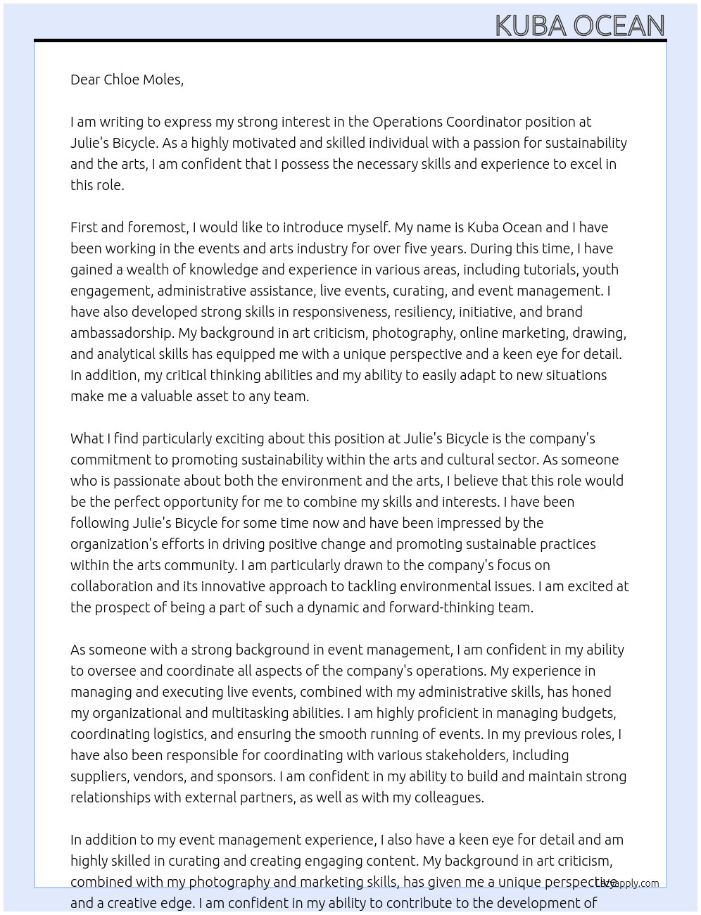 Operations Coordinator  At Julie’s Bicycle Cover Letter