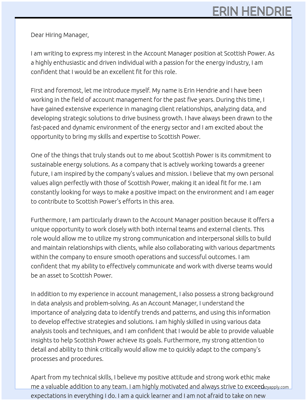 Account Manager At Scottish Power Cover Letter