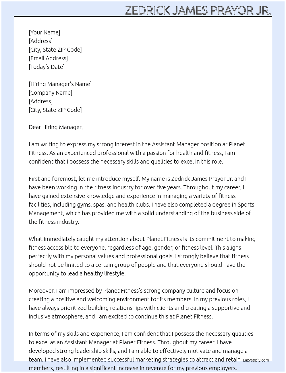 Assistant Managed At Planet Fitness Cover Letter