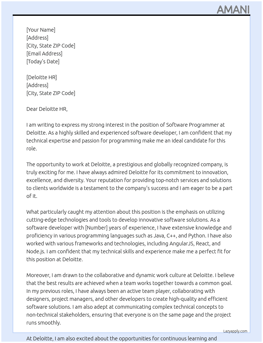 software programmer At Deloitte Cover Letter