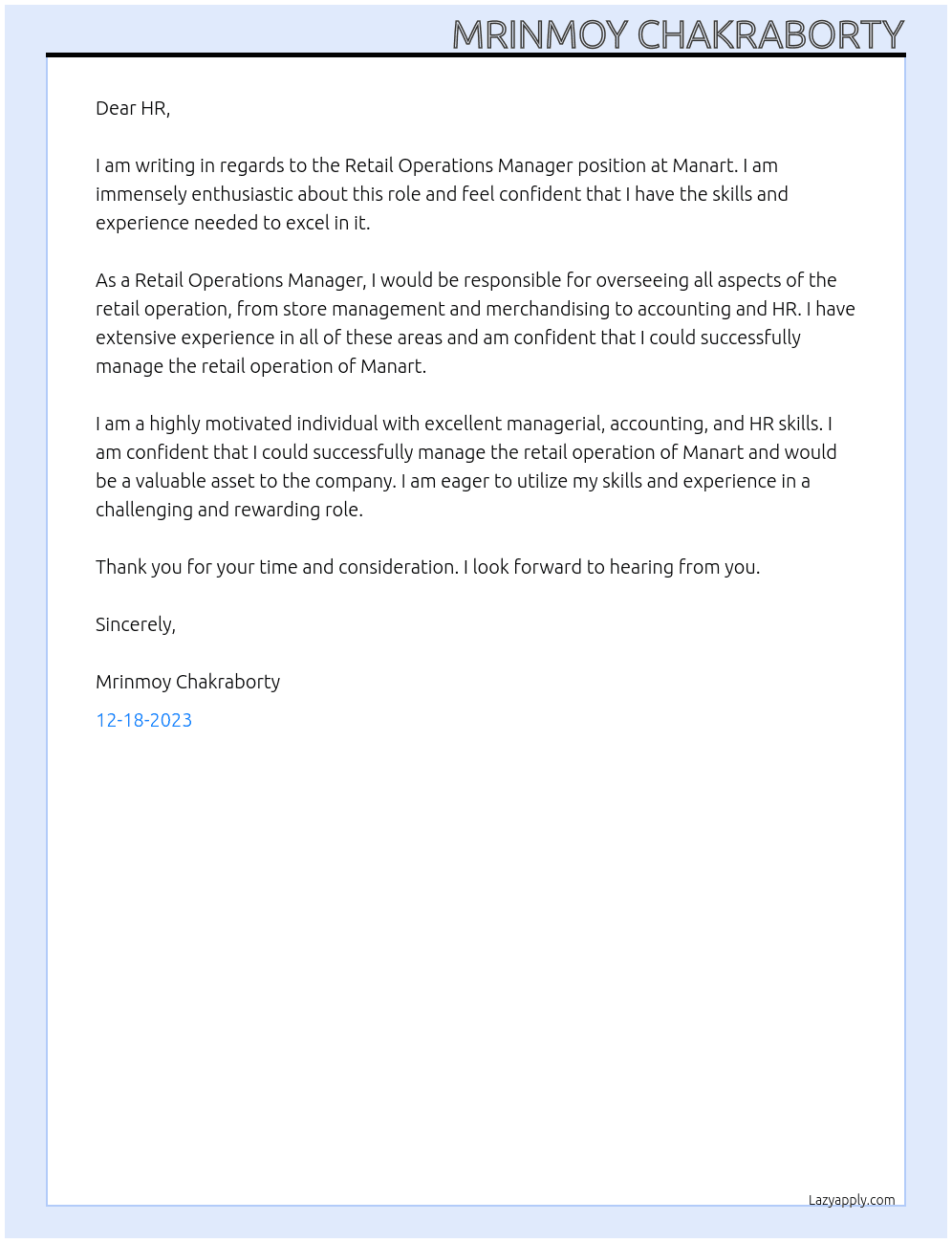 Retails Operation Manager At Manart Cover Letter