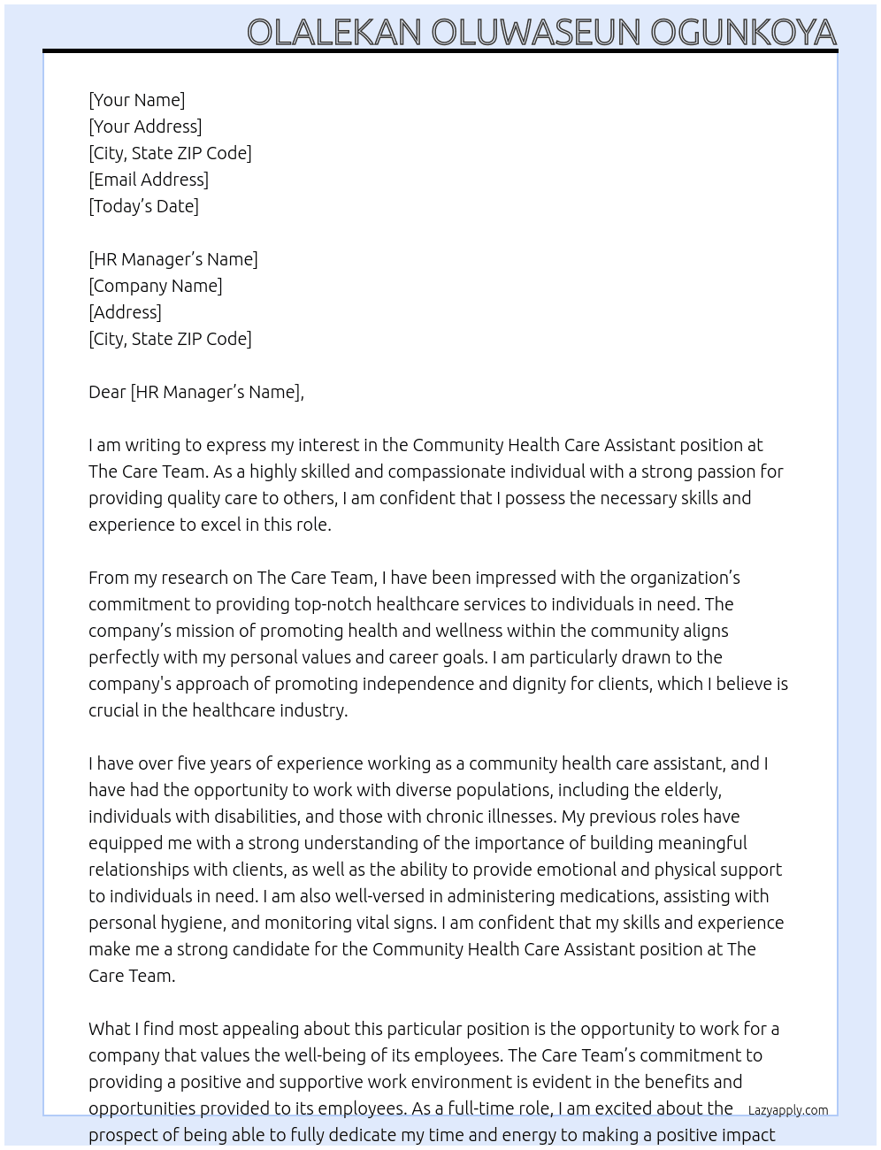 Community Health care assistant  At The Care Team  Cover Letter