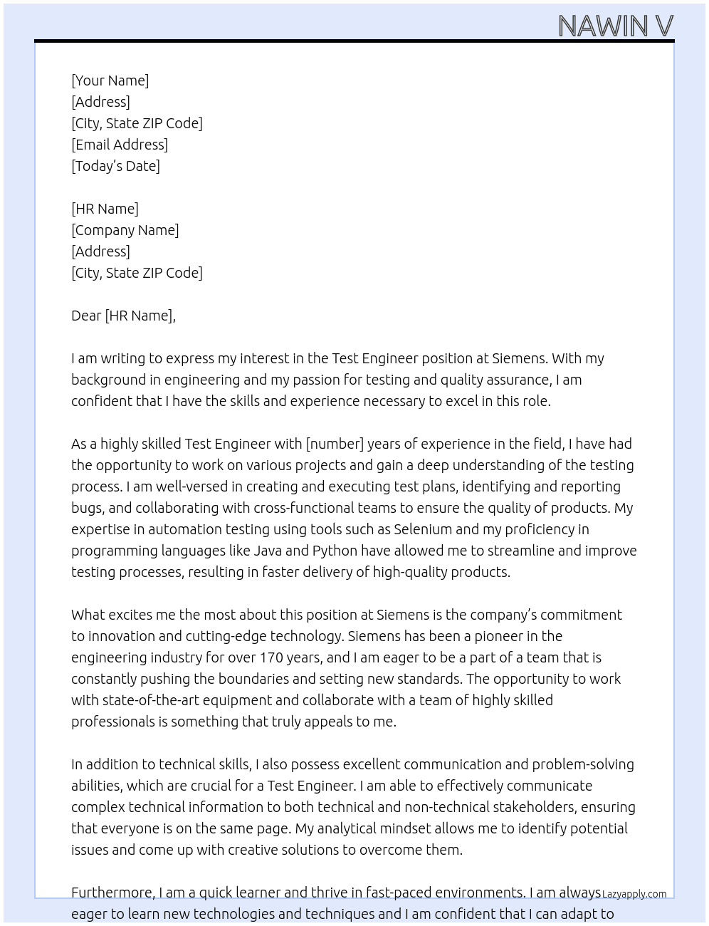 test engineer At Siemens Cover Letter