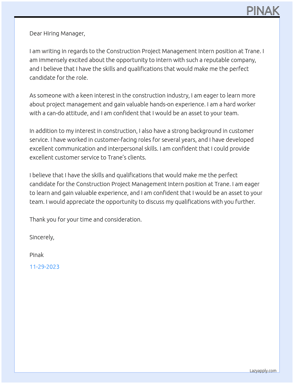 Construction Project Management Intern At Trane Cover Letter