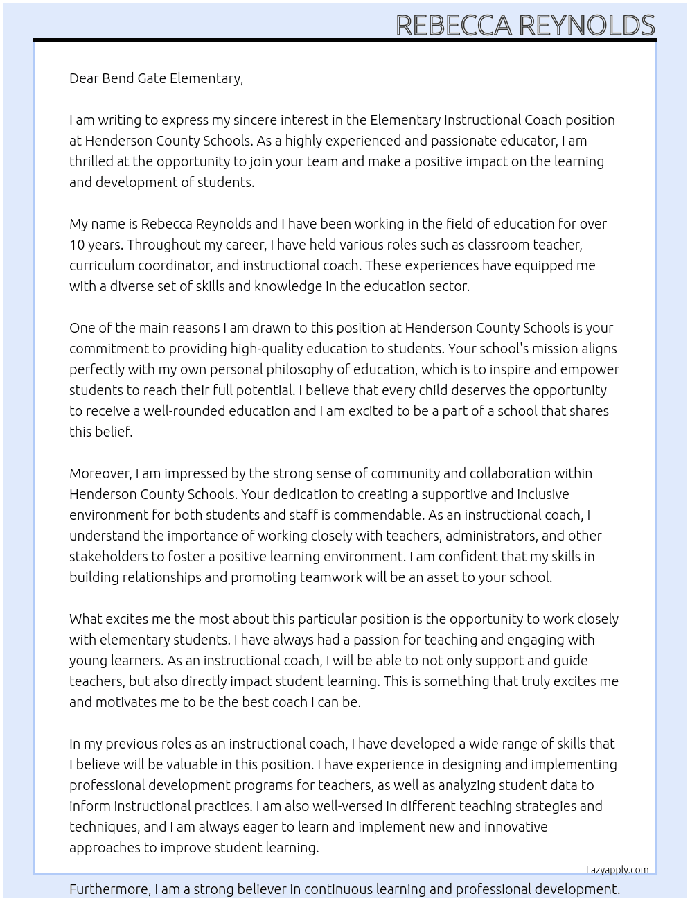 Elementary Instructional Coach At Henderson County Schools Cover Letter