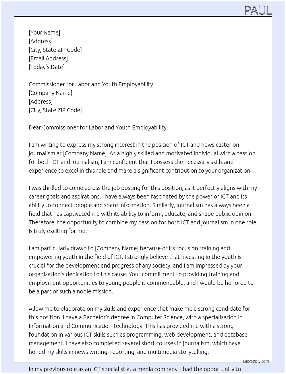 ICT and news caster on journalism At to training youth on ICT Cover Letter