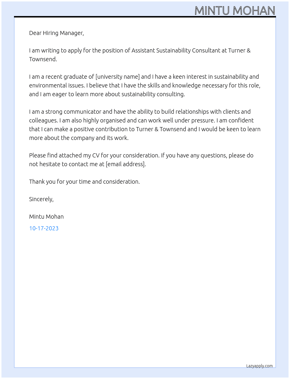 assistant sustainability consultant At Turner & Townsend Cover Letter