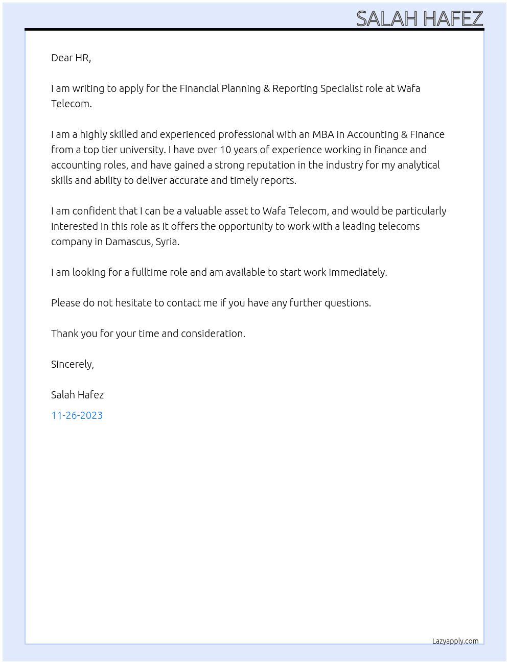 Financial Planning & Reporting Specialist At Wafa Telecom Cover Letter