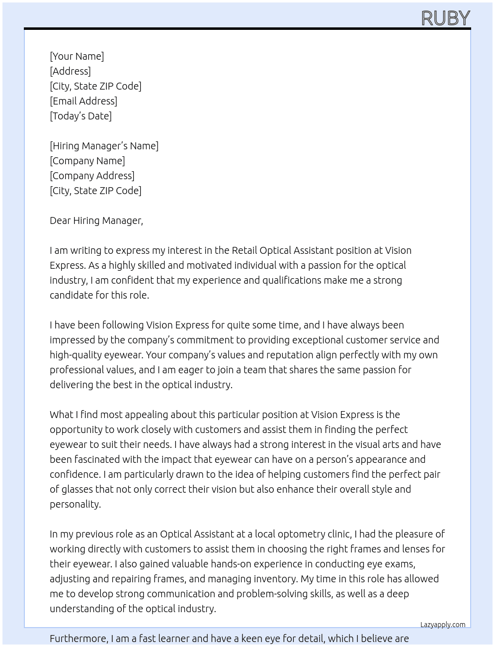 Retail optical assistant  At Vision express  Cover Letter