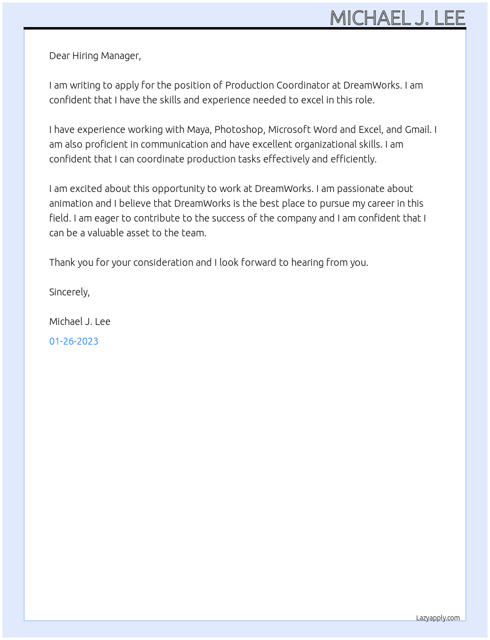 Production Coordinator At DreamWorks Cover Letter