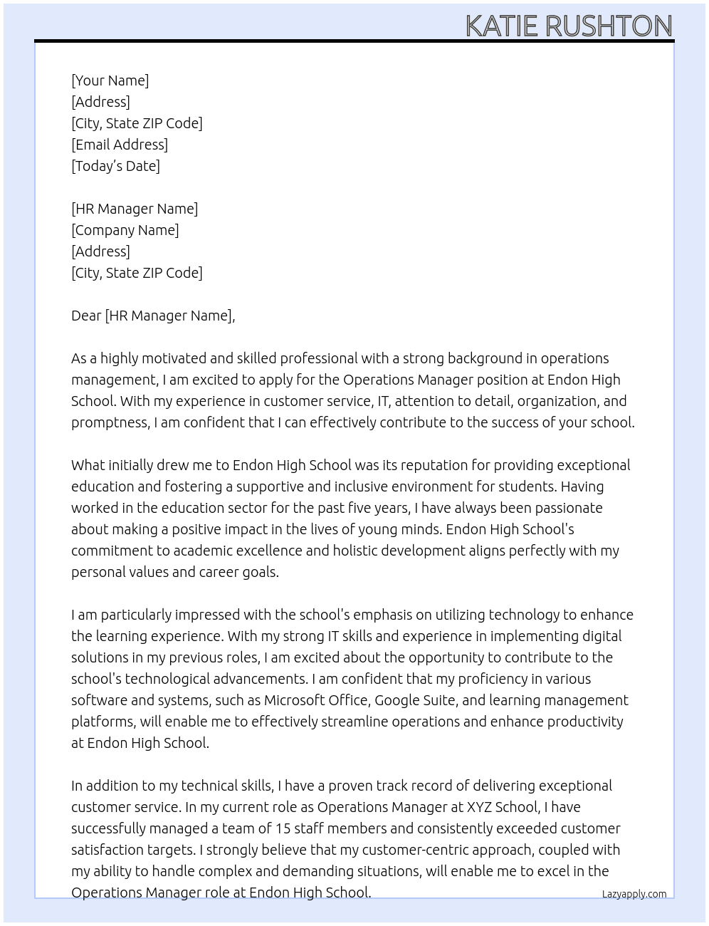 Operations Manager  At Endon High School Cover Letter