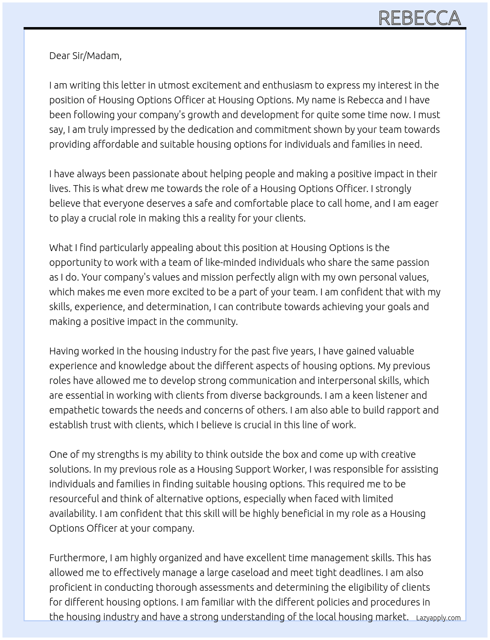 Housing Options Officer At Housing Options  Cover Letter