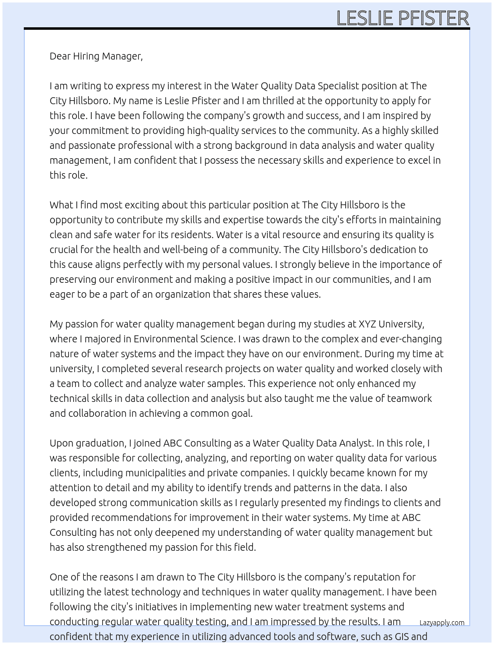 Water Quality Data Specialist At The City Hillsboro  Cover Letter