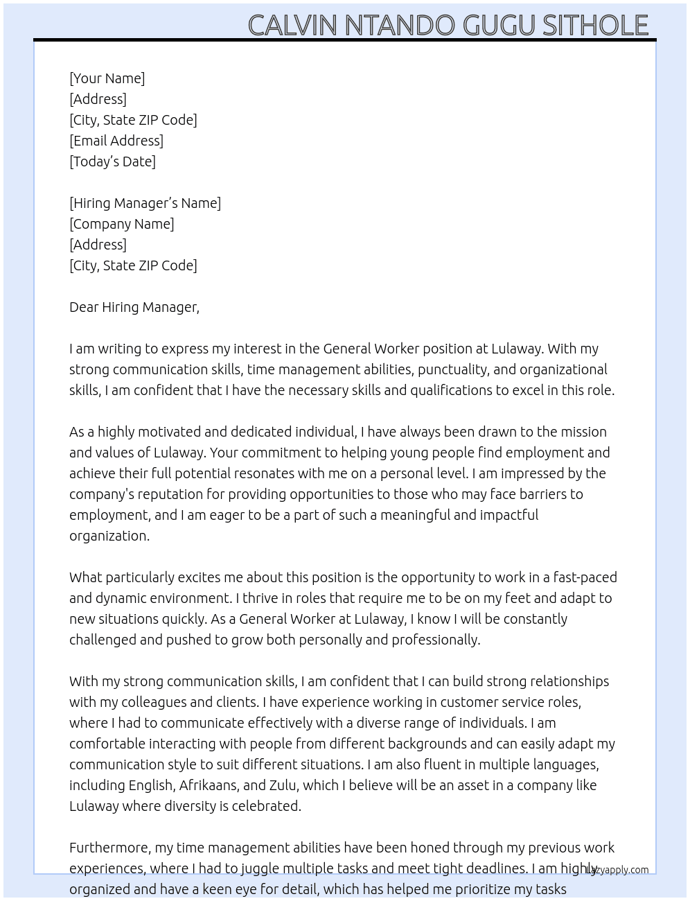 General worker At Lulaway Cover Letter