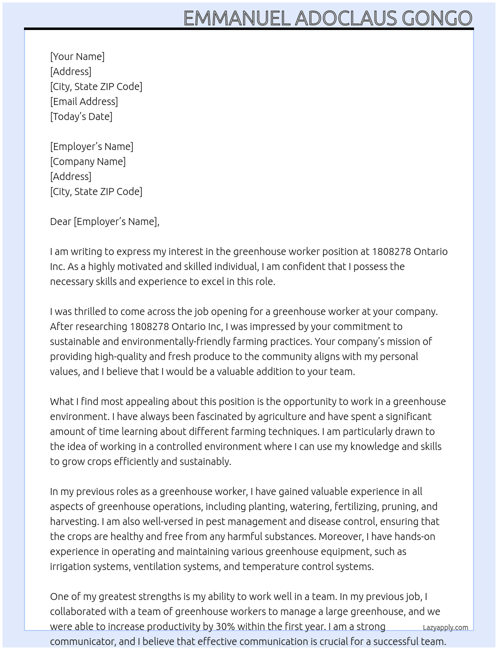 greenhouse worker At 1808278 Ontario Inc Cover Letter