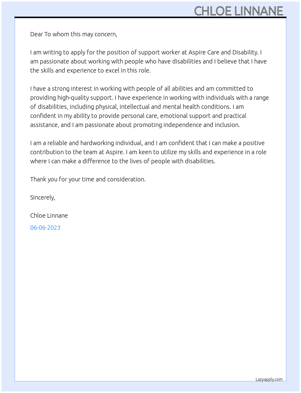 support worker  At Aspire Care and Disability  Cover Letter